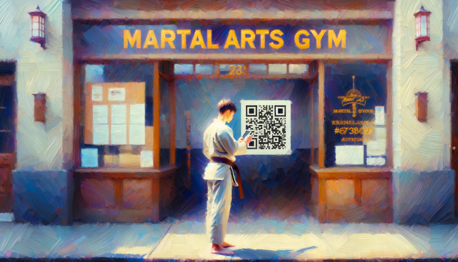 Young man in a gi standing in front of a martial arts school